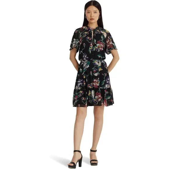 Lauren Ralph Lauren Women's Petite Floral Crinkle Georgette Dress, Black, 10p